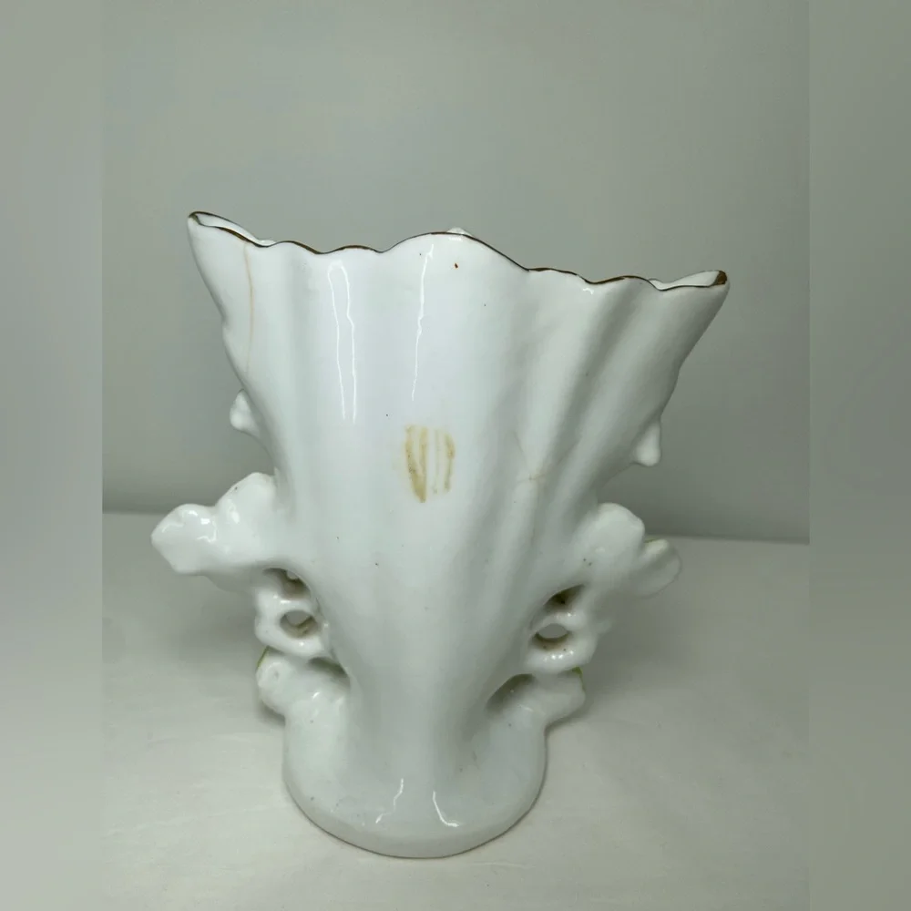 Vintage Hand Painted Porcelain Vase‎ white with Strong Green Accents & Florwers